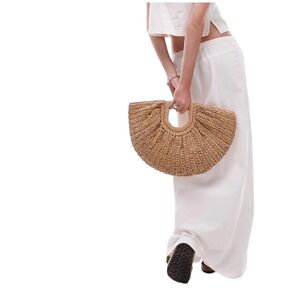 Ramla Woven Straw Fan Tote Bag Tan Raffia Semi Circle Summer Beach Handbag